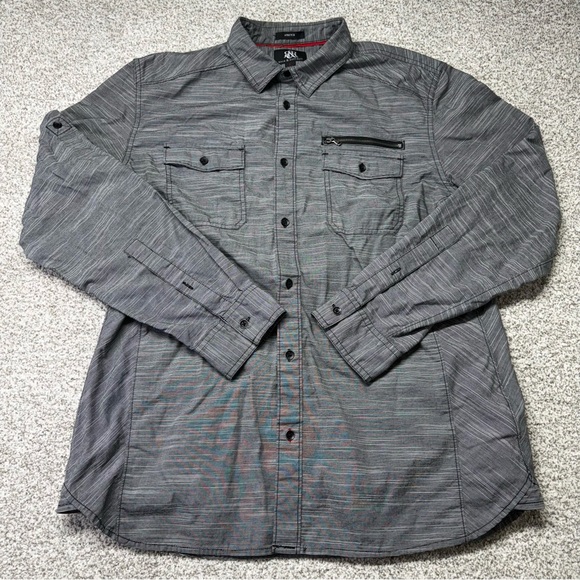 Rock & Republic Other - Men’s Gray and White Striped Rock & Republic‎ Button-Down Stretch Shirt Size L